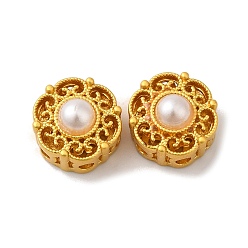 Круглые Покрытие стойки полые латунные бусины, с ABS имитации жемчуга, долговечный, матовый золотой цвет, круглые, 9.5x6.3 мм, отверстие : 1.2 мм