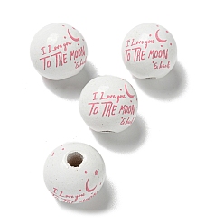 Light Coral Printed Wood European Beads, Round with Word Pattern, Light Coral, 15.5~16mm, Hole: 4~4.5mm