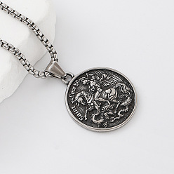 Antique Silver & Stainless Steel Color 304 Stainless Steel Saint George Round Medal Pendant Box Chain Necklaces for Women Men, Antique Silver & Stainless Steel Color, 23.62 inch(60cm)