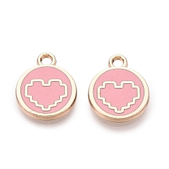 Flamingo Alloy Enamel Pendants, Rack Plating, Flat Round & Heart Charms, Golden, Flamingo, 13.5x11x1.5mm, Hole: 1.6mm