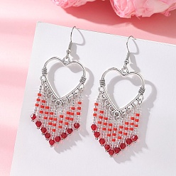 Красный Серьги-люстры в форме полого сердца из сплава и стеклянных бусин с кисточками, с железными крюками серьги, золотые, красные, 70x26.5 мм