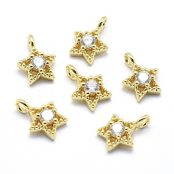 Real 18K Gold Plated Brass Charms, with Cubic Zirconia, Lead Free & Cadmium Free & Nickel Free, Star, Clear, Real 18K Gold Plated, 11x7.5x4mm, Hole: 2mm