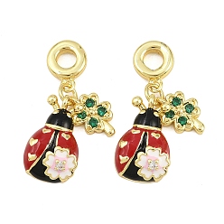 Настоящее золото 18K Европейские подвески-божьи коровки из латуни с красной и черной эмалью, подвески с большим отверстием в виде божьей коровки и клевера, с зеленым стеклом, реальный 18 k позолоченный, 30.5 мм, отверстие : 4.5 мм