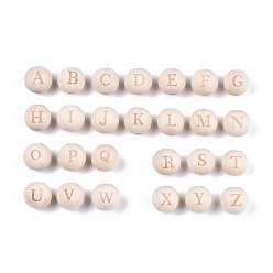 Letter Unfinished Natural Wood European Beads, Large Hole Beads, Laser Engraved Pattern, Round with Word, Random Mixed Letters, 15~16x14~15mm, Hole: 4mm