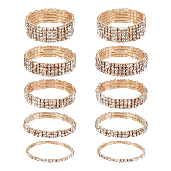 Light Gold 10шт. 5 стили: квадратные браслеты из сплава с кристаллами и стразами в форме чашечки, эластичные браслеты для женщин, золотой свет, внутренний диаметр: 1.97~2.2 дюйм (5~5.6 см), шириной 3.5~18 мм , 2 шт / стиль