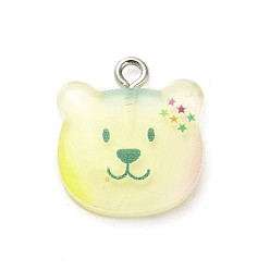Bear Translucent Resin Pendants, Animals Charms with Platinum Plated Iron Loops, Bear, 18.5x17x3.8mm, Hole: 1.7mm