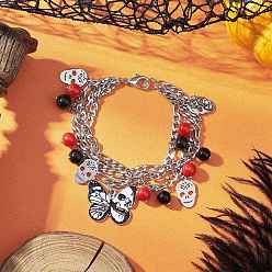 Античный Серебристый & Цвет Нержавеющей Стали Тема хеллоуина 304 браслеты из нержавеющей стали с цепочками figaro и несколькими рядами, браслеты с подвесками из сплава и эмали для мужчин и женщин, старинное серебро и цвет нержавеющей стали, 7-7/8 дюйм (20 см)