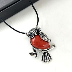 Красный Камень Подвеска в виде совы из натуральной красной яшмы, черные ожерелья из искусственной кожи для женщин, античное серебро, 16.93 дюйм (43 см)