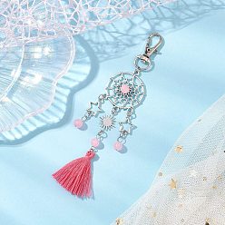 Бледно-Розовый Подвеска из натурального и окрашенного малайзийского нефрита и сплава, поворотные застежки и подвески-кисточки из поликоттона для украшений сумок, плоский круг/паутина со звездой и солнцем, розовый жемчуг, 135 мм