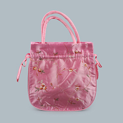 Pink Retro Rectangle Cloth Drawstring Women Wristlets, with Handles, Embroidery Flower Pattern, Pink, 21x20x6cm