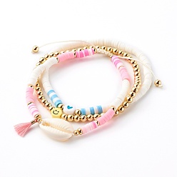 Mixed Color Beaded Bracelets & Braided Beaded Bracelets Sets, with Polymer Clay Heishi Beads, Natural Cowrie Shell and Polyester Cotton Tassels, Golden, Mixed Color, 2-1/8~2-3/4 inch(5.4~7cm), 3pcs/set