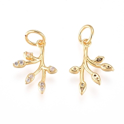 Golden Brass Charms, with Cubic Zirconia and Jump Rings, Leaf, Clear, Golden, 14x10.5x2mm, Hole: 3.5mm