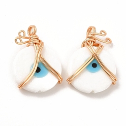 White Wire Wrapped Handmade Lampwork Pendants, with Copper Findings, Real 18K Gold Plated, Long-Lasting Plated, Flat Round with Evil Eye, White, 25x18x7mm, Hole: 2.9mm