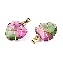 Фиолетовый Подвески lampwork, Подвески-сердечки, обернутые медной проволокой, золотые, фиолетовые, 24x21x9 мм, отверстие : 4x6 мм