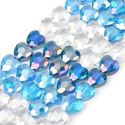 Blau Galvanisieren transparente Glasperlen Stränge, Herz, facettiert, Blau, 8x8x5 mm, Bohrung: 0.8 mm, ca. 24 Stk. / Strang, 7.09''~7.20'' (18~18.3 cm)