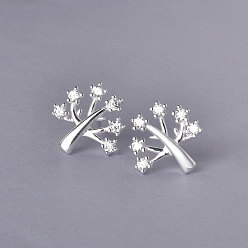 Платина 925 серьги-гвоздики в форме дерева из стерлингового серебра с микропаве из прозрачных кубических цирконий, с пластиковыми гайками уха, платина, 12x12.5 мм