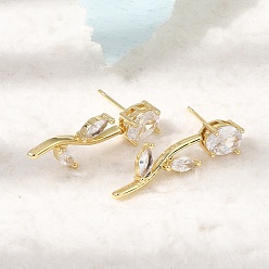 Clair Micro cuivres ouvrent zircone cubique boucles d'oreille, fleur rose, sans plomb et sans cadmium, crémaillère plaquage, plaqué longue durée, réel 18 k plaqué or, clair, 30x11mm