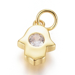 Настоящее золото 18K Тема религии, латунные микро проложить кубического циркония подвески, с целью перехода в кольце, долговечный, hamsa рука / рука fatima / рука miriam, прозрачные, реальный 18 k позолоченный, 9.5x7x2 мм, отверстие : 2.5 мм