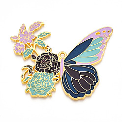 Сливовый Подвески из эмалированного сплава с гальванопокрытием, без кадмия, без никеля и без свинца, бабочка с цветочными подвесками, золотые, слива, 56x69.5x2 мм, отверстие : 2.5 мм