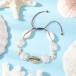 Кокосово-Коричневый Браслеты из бисера из натуральных смешанных ракушек каури, раковина и морская звезда, с гальваническим покрытием из ракушки, синтетической бирюзы и бусинами из АБС-пластика, имитирующими жемчуг, кокосового коричневый, 5/8 дюйм (1.6 см), внутренний диаметр: 1-3/4 дюйм (4.6 см) ~ 3-3/4 дюйм (9.5 см)