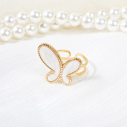 Floral White 304 Stainless Steel Enamel Cuff Open Rings for Women, Butterfly, Floral White, 18mm