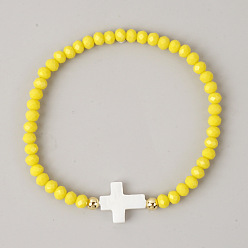 Желтый Богемные стеклянные бусины, эластичные браслеты, украшения из натуральных ракушек для женщин, крест и рондель, с латунным, желтые, 6.89 дюйм (17.5 см)