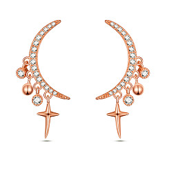 Rose Gold Brass Dangle Stud Earrings, Asymmetrical Earrings, with 925 Sterling Silver Pins and Grade AAA Cubic Zirconia, Moon with Star, Rose Gold, 29x12mm