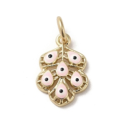Pink Messing Emaille-Anhänger, mit Sprungring, Cadmiumfrei und Nickel frei und Bleifrei, golden, Blatt mit bösen Blick-Anhängern, rosa, 17x11.5x3.2 mm, Bohrung: 3.8 mm