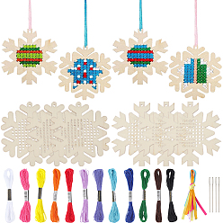 Снежинка 1 наборы для вышивки крестом из дерева на рождественскую тематику, включает полиэстеровые нити для вышивки крестом, иглы, древесную стружку и ленту, снежинка, 102~103x95~100x2.5 мм