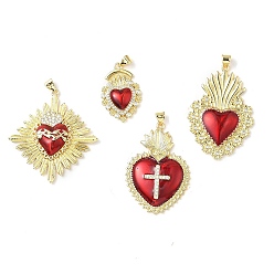 Настоящее золото 18K Латунные микро проложить кубического циркония подвески, святое сердце, с эмалью, стойки покрытие, без свинца и без кадмия, долговечный, реальный 18 k позолоченный, 27~43x18~40x3~5.5 мм, отверстие : 3.5x5 мм
