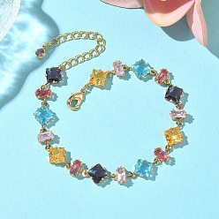 Настоящее золото 18K Браслеты из латунного стекла и кубического циркония с прямоугольными ромбами, без никеля , реальный 18 k позолоченный, 6-7/8 дюйм (17.4 см)