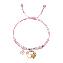 Бледно-Розовый Регулируемые нейлоновые нити плетеные браслеты из бисера, с подвесками из эмалевого сплава в виде кошки, розовый жемчуг, 5-1/2~11-3/8 дюйм (14~29 см)