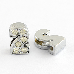 Number Zink-Legierung Strass Nummer Diacharme, Platin Farbe, num. 2, 11.5x7x5 mm, Bohrung: 8x2 mm