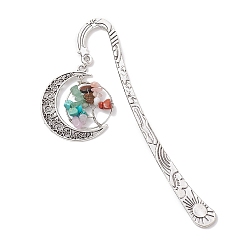 Antique Silver Tibetan Style Alloy Hook Bookmarks, Hollow Moon & Wire Wrapped Gemstone Chip Tree of Life Bookmarks, Antique Silver, 122x22.5x2.5mm
