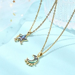 Разноцветный 2шт. 2 стили подвесок из натуральной раковины пауа с латунными микропаве и прозрачными кубическими циркониями, 304 ожерелья-цепочки из нержавеющей стали для женщин, Луна и звезды, красочный, 17.44 дюйм (44.3 см), 1 шт / стиль
