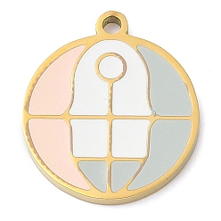 Розовый 304 подвески из нержавеющей стали, с эмалью, плоский круглый шарм, золотые, туманная роза, 17x15x1.7 мм, отверстие : 1.4 мм