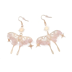 Розовый Кварц Серьги с подвесками из натуральной крошки розового кварца, Богемные полые бабочки из латуни для женщин, 75x46 мм