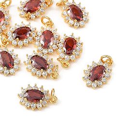 Red SHEGRACE Brass Micro Pave Cubic Zirconia Pendants, Cadmium Free & Nickel Free & Lead Free, Flower Charms, Real 18K Gold Plated, Red, 12x8x3mm, Jump Ring: 4x1mm, Inner Diameter: 2mm