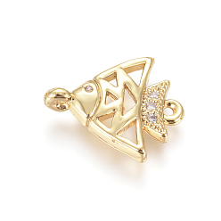 Golden Brass Micro Pave Cubic Zirconia Links Connectors, Cadmium Free & Lead Free, Tropical Fish, Clear, Golden, 10x12.5x2.5mm, Hole: 0.8mm