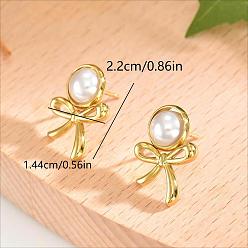 Bowknot 201 Stainless Steel Stud Earrings for Women, with Imitation Pearl, Golden, Bowknot, 22x14.4mm