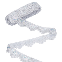 Silver Polyester Lace Ribbon, Clothes Accessories, with Paillette, Silver, 1-5/8 inch(40mm), about 10.00 Yards(9.14m)/pc
