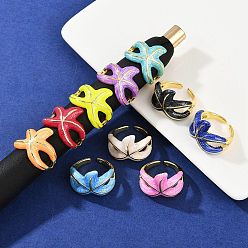 Морская звезда Латунные эмалевые регулируемые манжеты для женщин, реальный 18 k позолоченный, без кадмия, без никеля и без свинца, разноцветные, морская звезда, 19.5 мм, внутренний диаметр: регулируемый