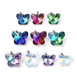 Платина 10 шт. граненые стеклянные подвески, бабочка, с медными петлями, разноцветные, платина, 14.5~17x15~18x7~8 мм, отверстие : 2 мм