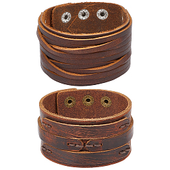 Коричневый 2шт. 2 стили браслетов из коровьей кожи, Браслеты-защелки для мужчин и женщин, кофе, 9-1/8x1-5/8x1/4 дюйм (23x4~4.1x0.5~0.6 см), 1 шт / стиль