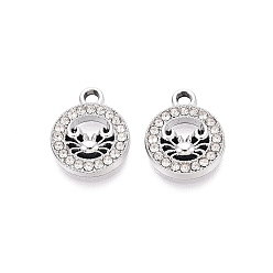 Crystal Alloy Rhinestone Charms, Platinum Tone Flat Round with Crab, Crystal, 15x12x2mm, Hole: 1.6mm