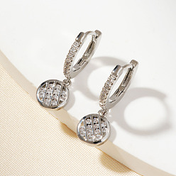 Серебро Шикарные плоские круглые серьги-кольца из латуни с сеткой из прозрачного кубического циркония, серебряные, 20x13 мм