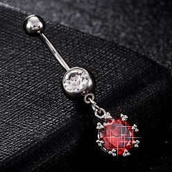 Rot Piercing-Schmuck, umweltfreundlicher kubischer Zirkiona-Nabelring aus Messing, Bauchringe, mit chirurgischem Edelstahlstab, Blume mit Träne, rot, 38x11 mm, Stange: 15 Spurweite(1.5mm), Stangenlänge: 3/8"(10mm)