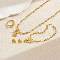 Золотой Комплекты из браслетов, серег, ожерелий и колец из нержавеющей стали в форме сердца для женщин, золотые, ожерелья: 21.26 дюйм (54 см)