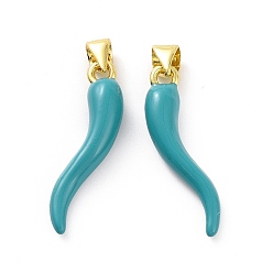 Бирюза Подвески из латуни с покрытием из эмали, долговечный, реальный 18 k позолоченный, без кадмия и без свинца, рог изобилия / итальянский рог корничелло амулеты, бирюзовые, 27x7x5.5 мм, отверстие : 4x3.5 мм