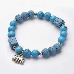 Натуральная Бирюза Эластичные браслеты из натурального вулканического камня, с подвесками в виде слонов из натурального говлита и сплава, круглый и куб, 2-1/8 дюйм (55 мм)